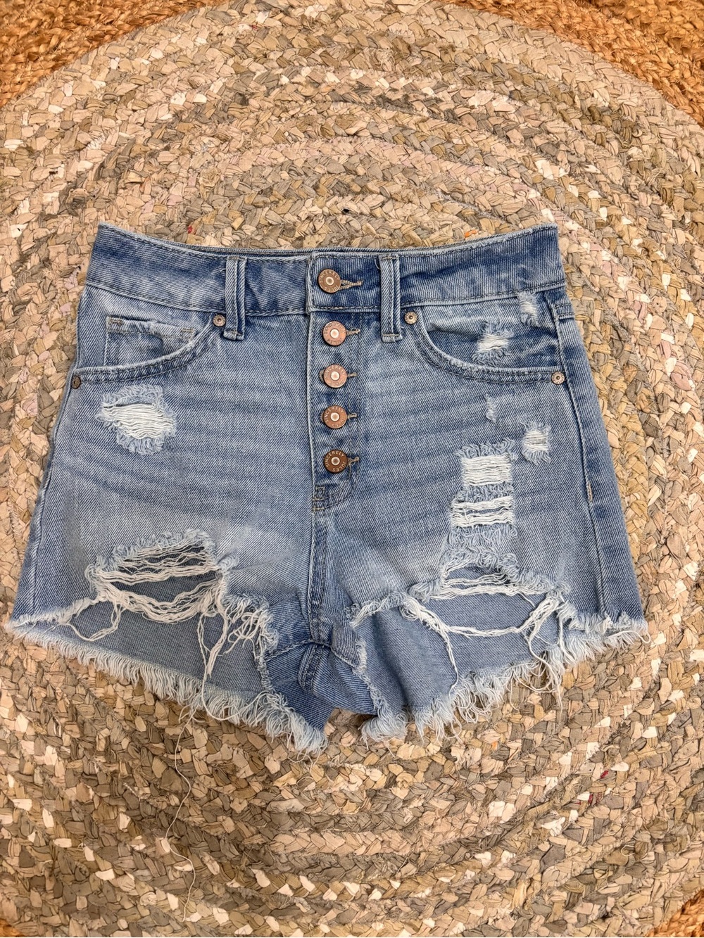 Sincerely Jules Light Blue High-Waist Distressed Denim Shorts